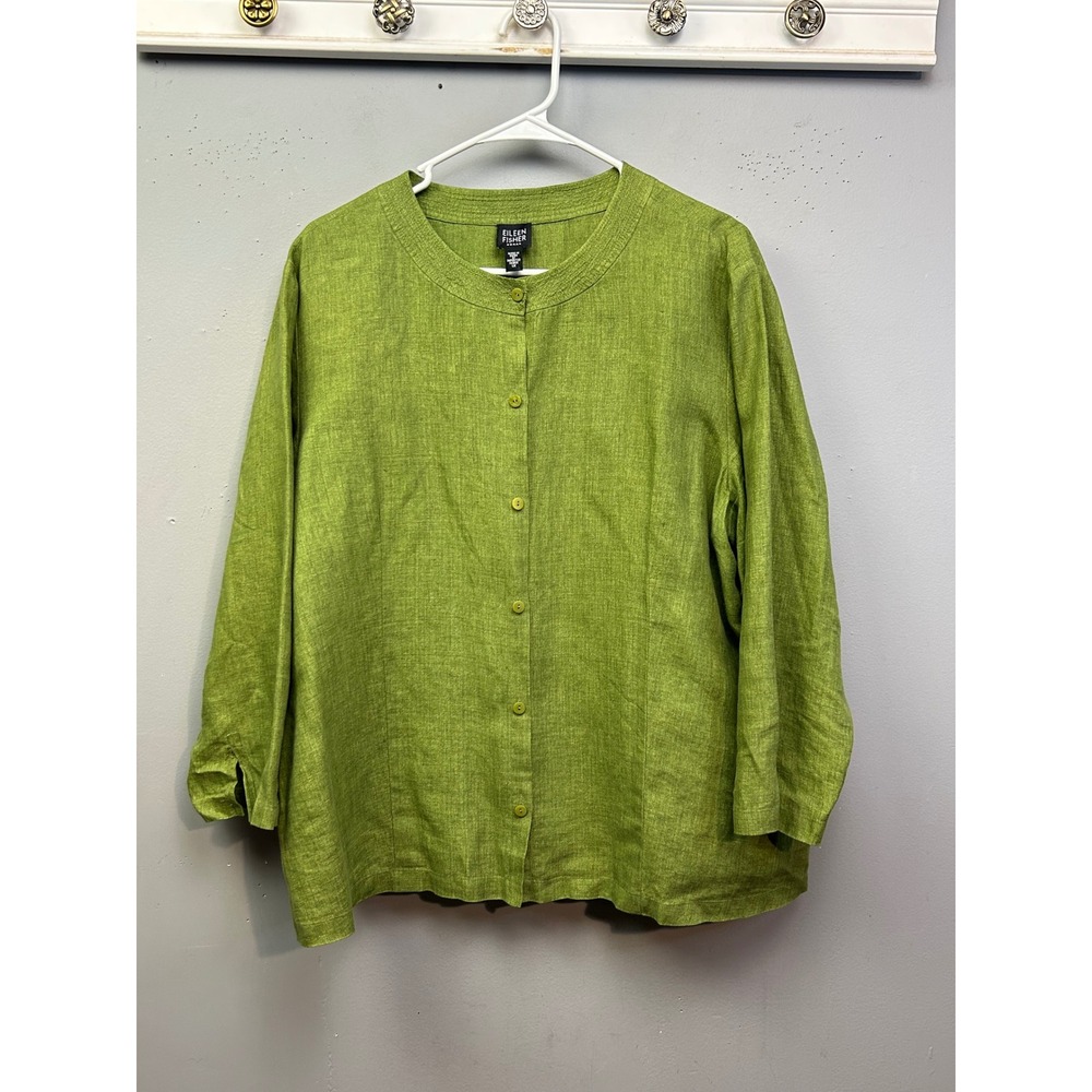 Eileen Fisher Top Women 1X Green Irish Linen Button Front Round Neck Long Sleeve